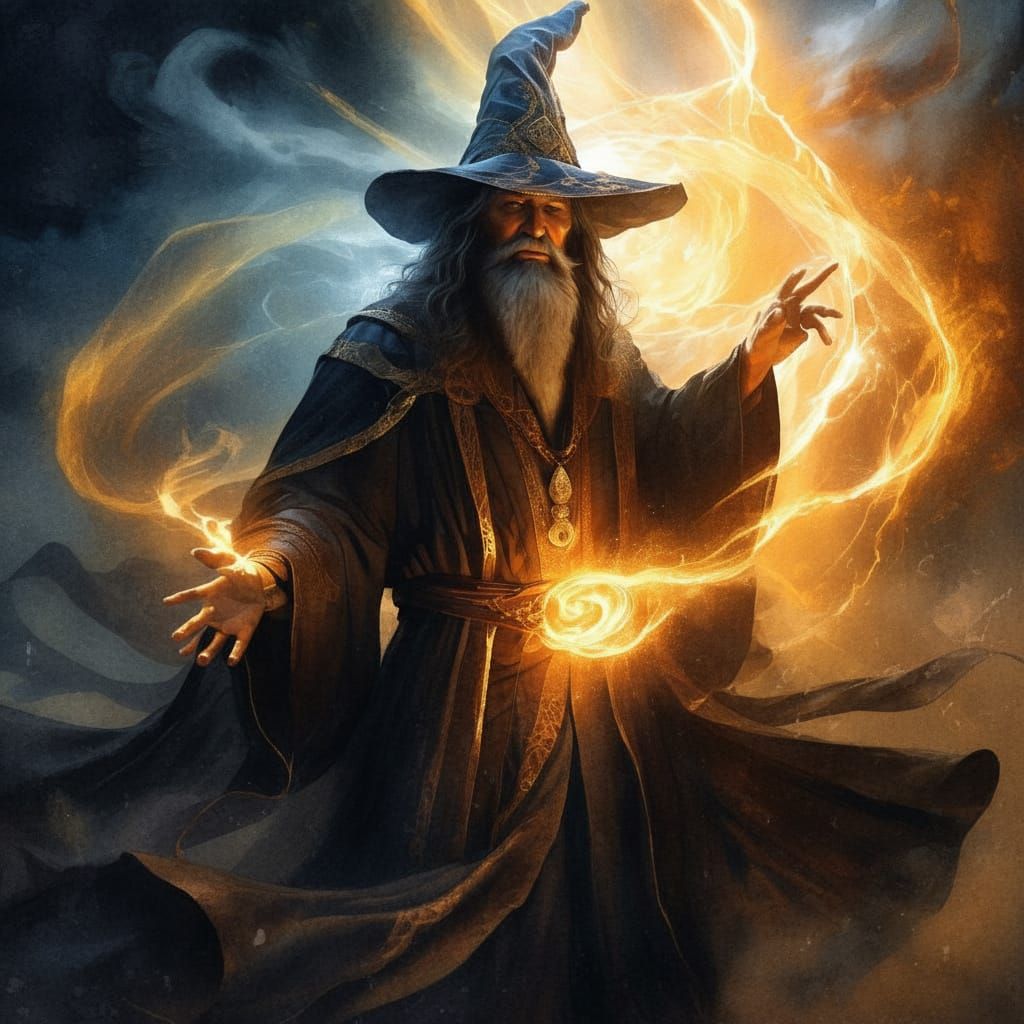 Powerful Wizard Wielding Magical Spells in Majestic Mist