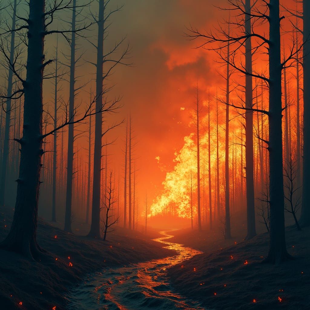 Dystopian Inferno: Flames Engulf Futuristic Woodland