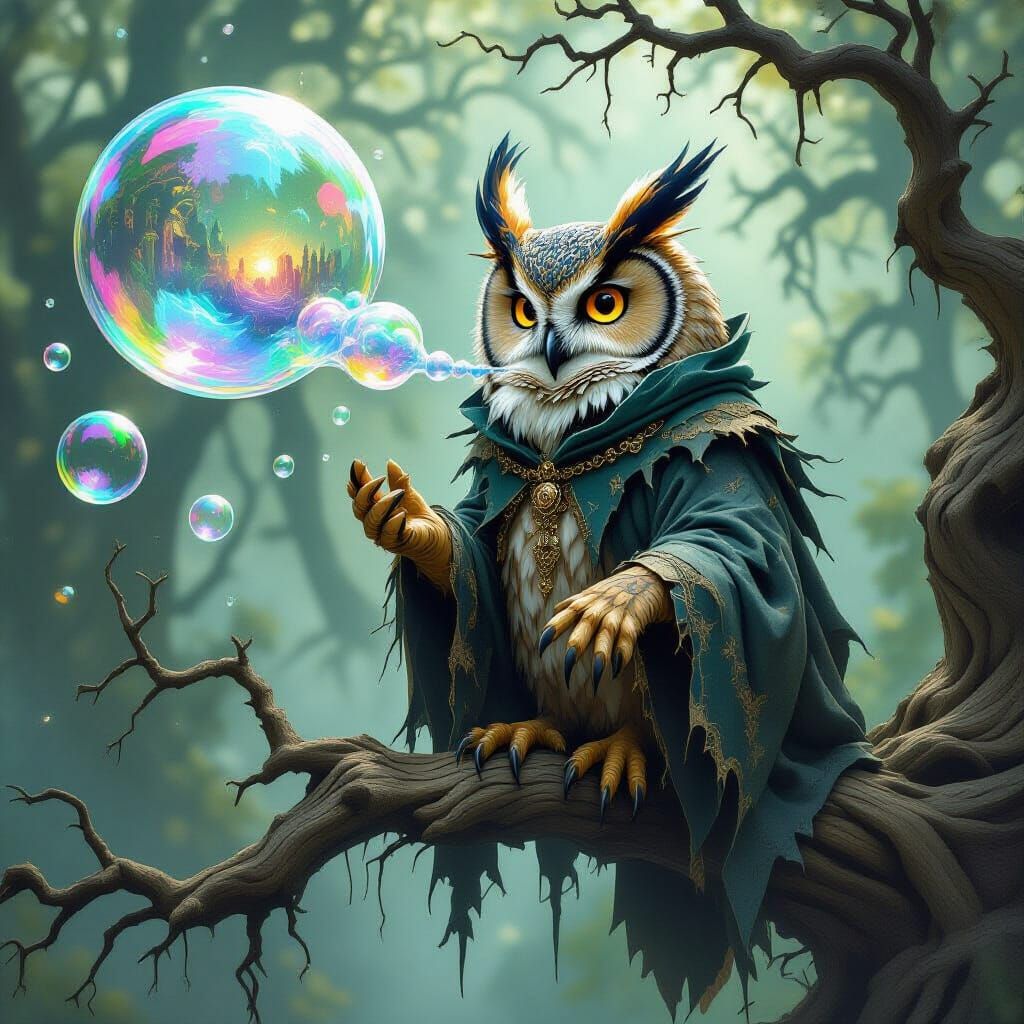 Mystical Owl Blowing Dimension Bubbles in Gothic Fantasy Sty...