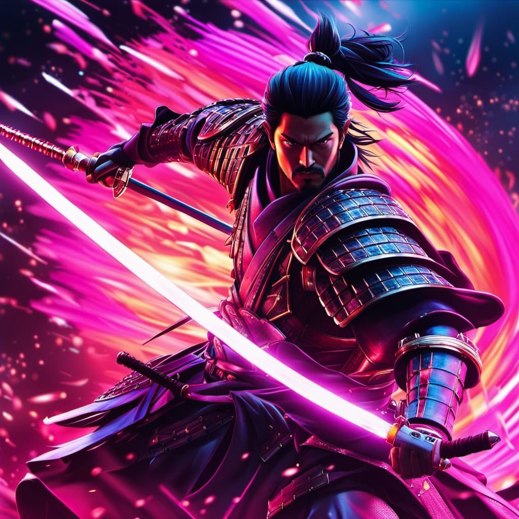 Samurai Deflecting Arrows: Synthwave Anime Render