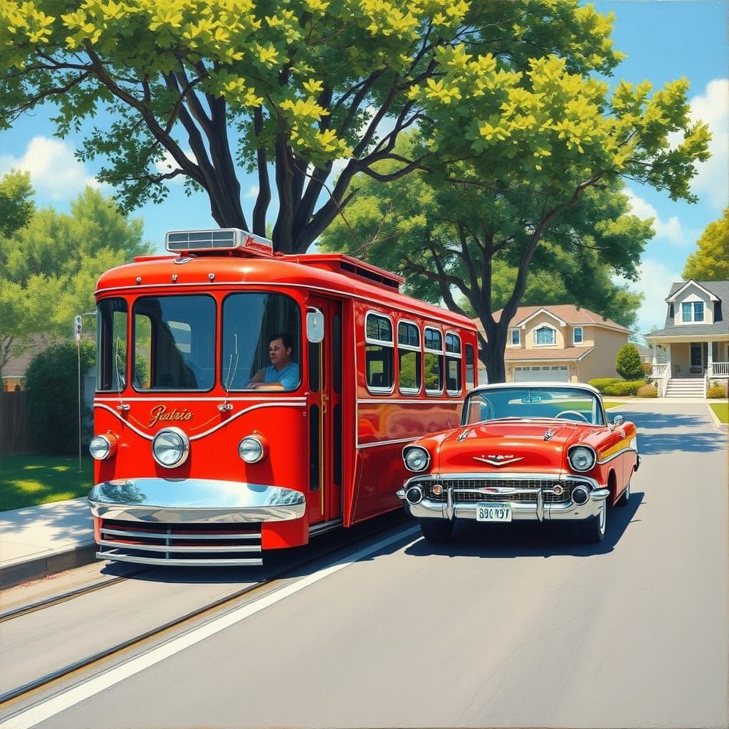 Surreal 1950s Tram Scene in Vibrant Gouache