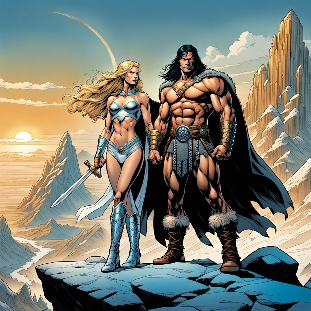 Conan the Barbarian and Emma Frost: A Vibrant Comic Book Art...