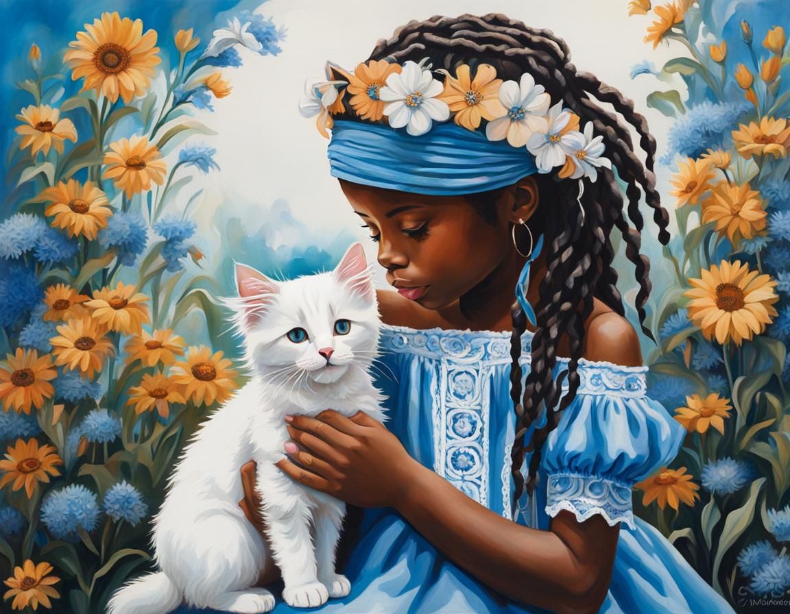 Surreal Portrait of a Young Girl with Locs Holding a Kitten...