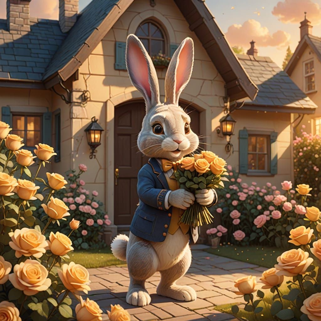 anthropomorphic bunny delivering roses to a house