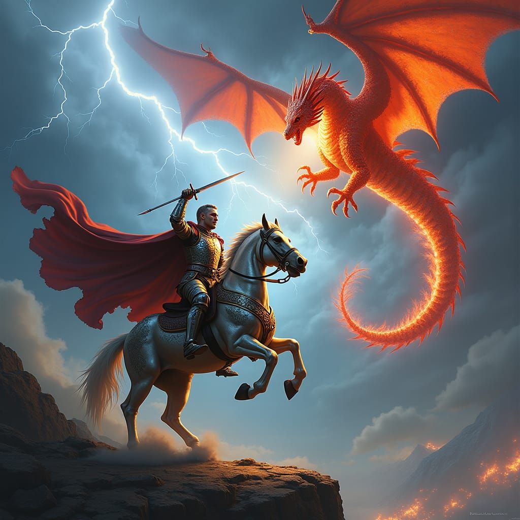 Majestic Dragon Soars as Knight Prepares for Battle in Dark...