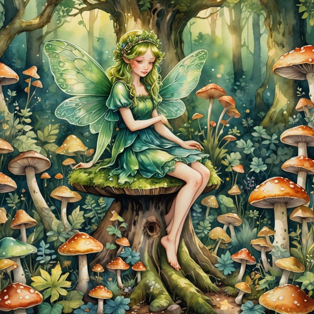 Whimsical Green Fairy in Enchanted Forest