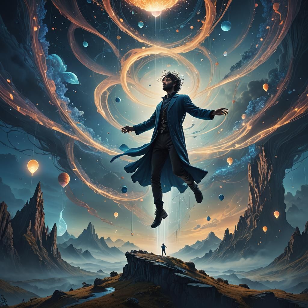 Ethereal Dreamer in Vibrant, Cosmic Landscape