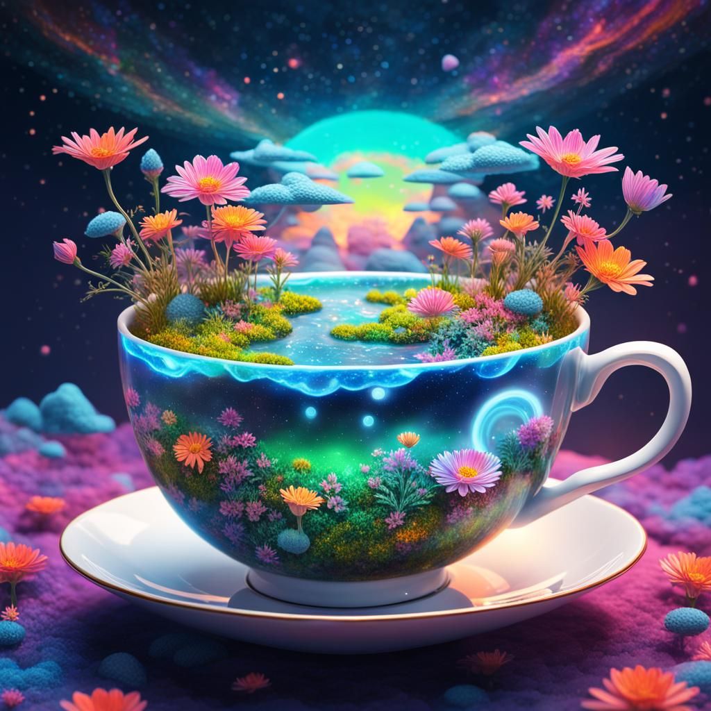 Vibrant Astral Ecosystem Blooms in Cosmic Teacup
