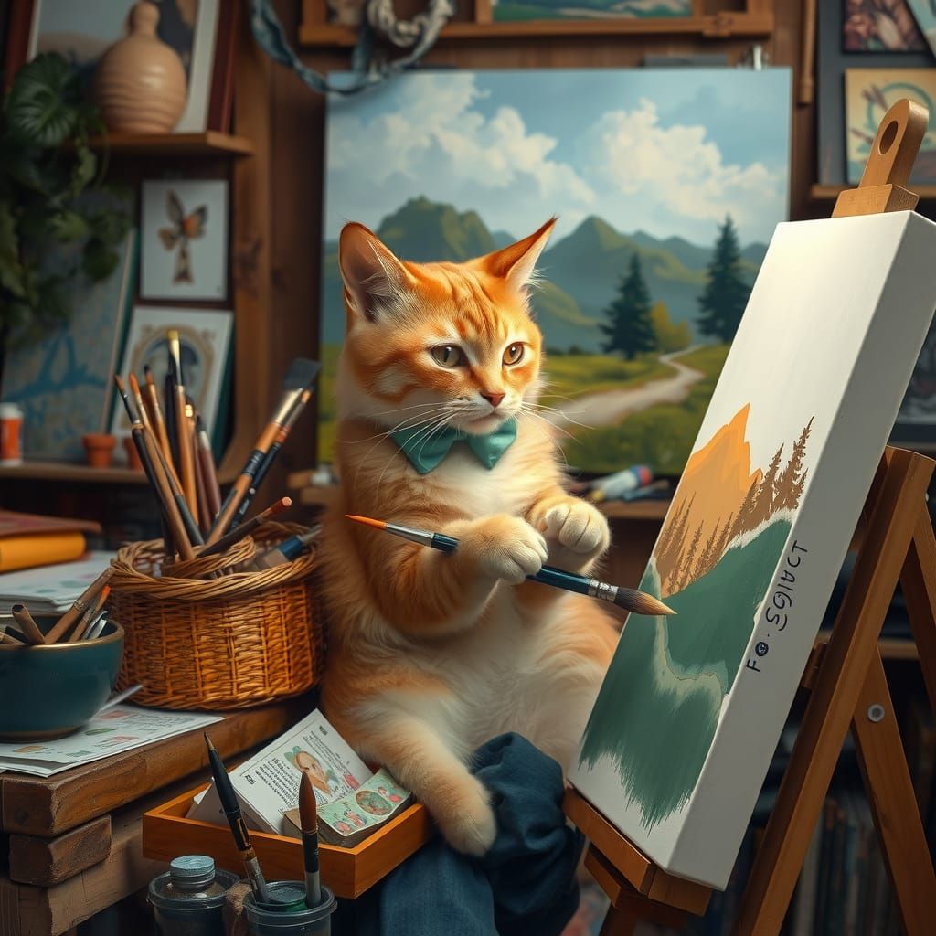 Cat Artist Paints Masterpiece in Cozy Studio