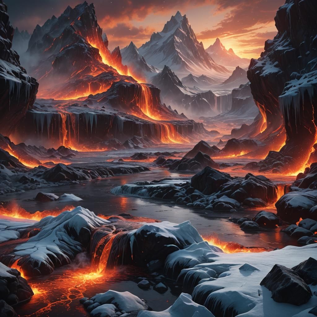 Epic Fantasy Lava Landscape Unfolds in Frozen River