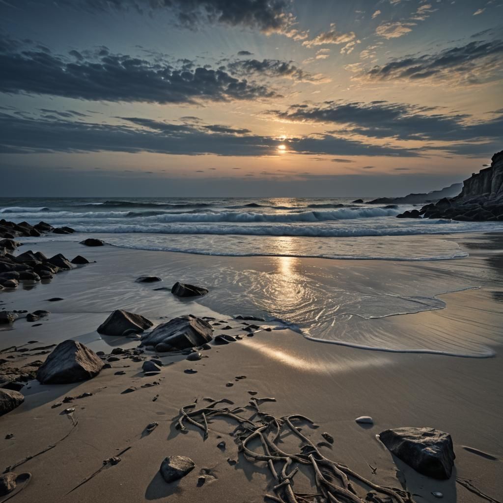 Moody Seascape at Dawn in Hyperrealistic Style