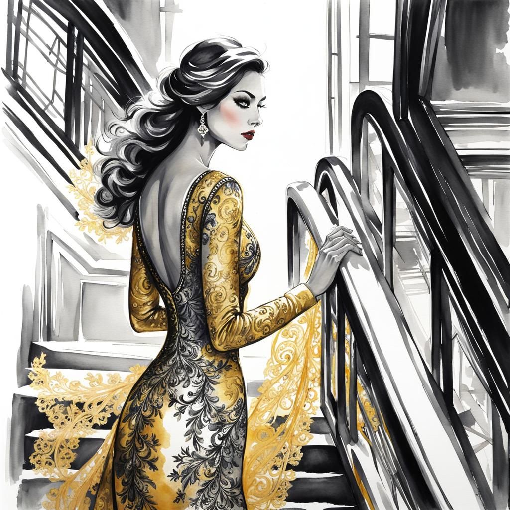 Elegant Woman in Black and White Watercolor