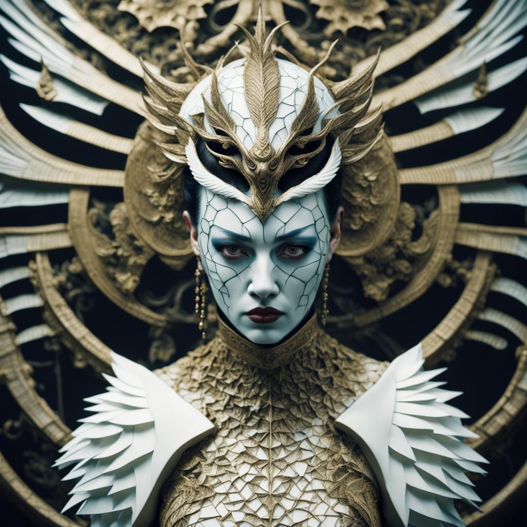 Surreal Garuda Princess with Fractured Face and Fractal Patt...