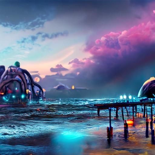 Surreal Alien Pier at Twilight in Hyperrealistic Sci-Fi Art