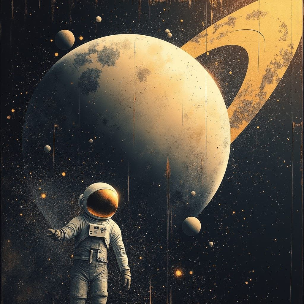 Astronaut Drifting Toward Saturn in Deep Space