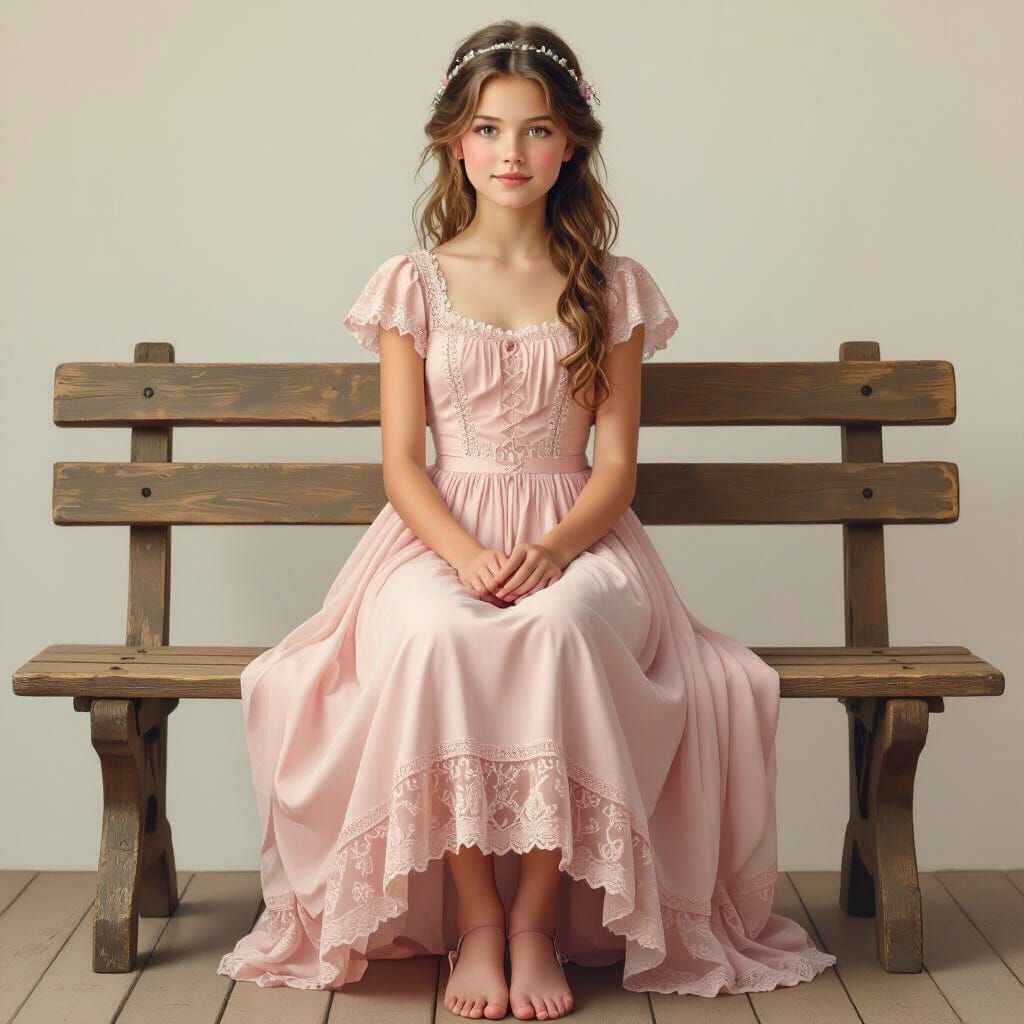Teenage Girl in Pastel Pink Dress on Wooden Bench