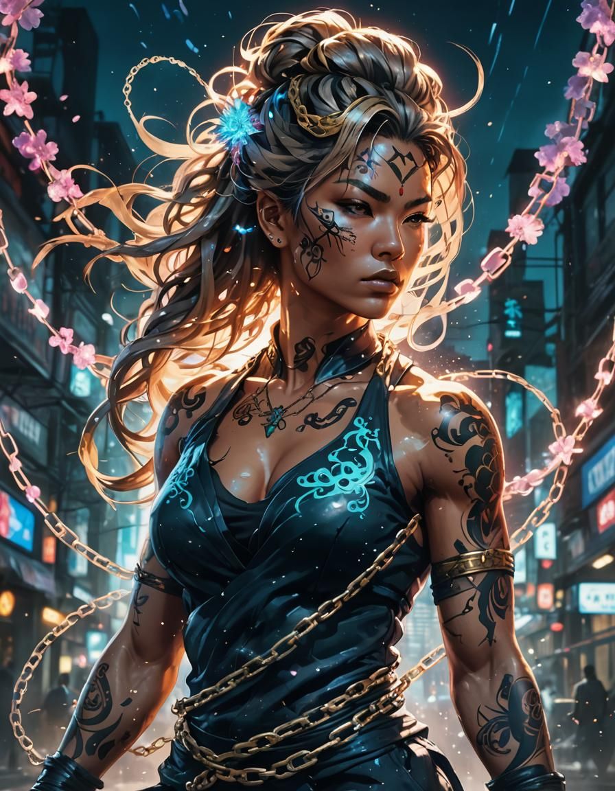Mystical Street Fighter Woman with Ethereal Chains Weapon