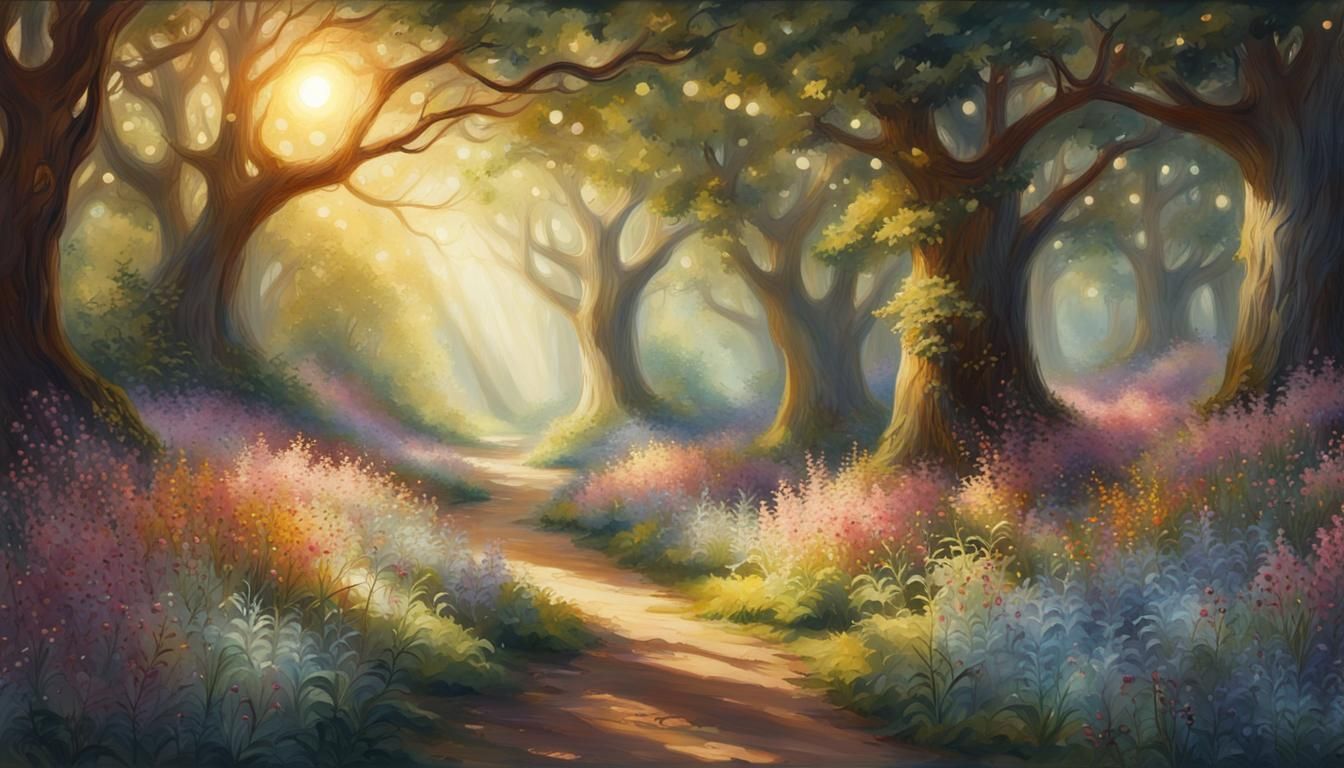 Surreal Sunlit Floral Wonderland in Whimsical Oil Painting