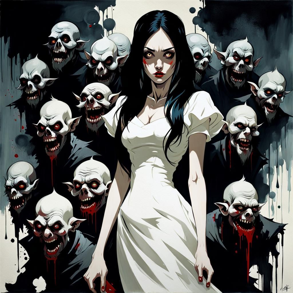 Gothic Oil Painting of Snow White Surrounded by Zombie Dwarf...
