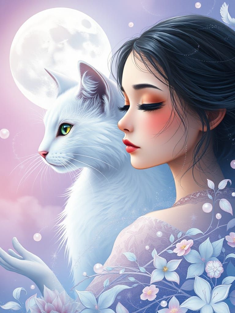 Dreamy Ethereal Portrait of Girl and Cat in Moonlit Landscap...
