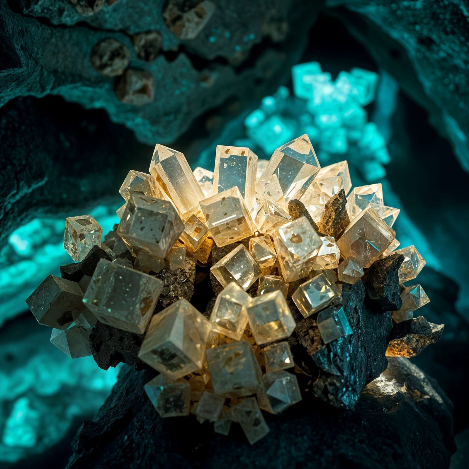 Cubic Crystals in Bioluminescent Cave