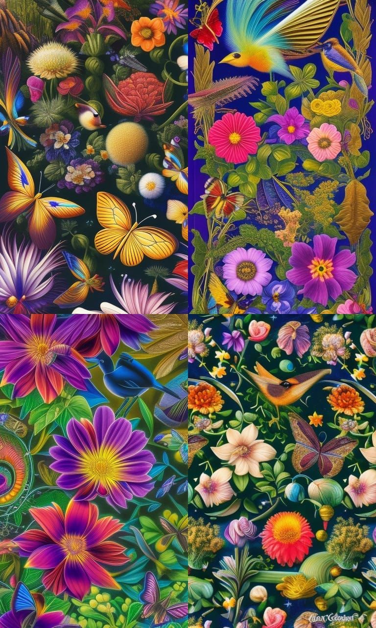 Elegant Birds Amidst Vines and Flowers in a Fairytale Landsc...