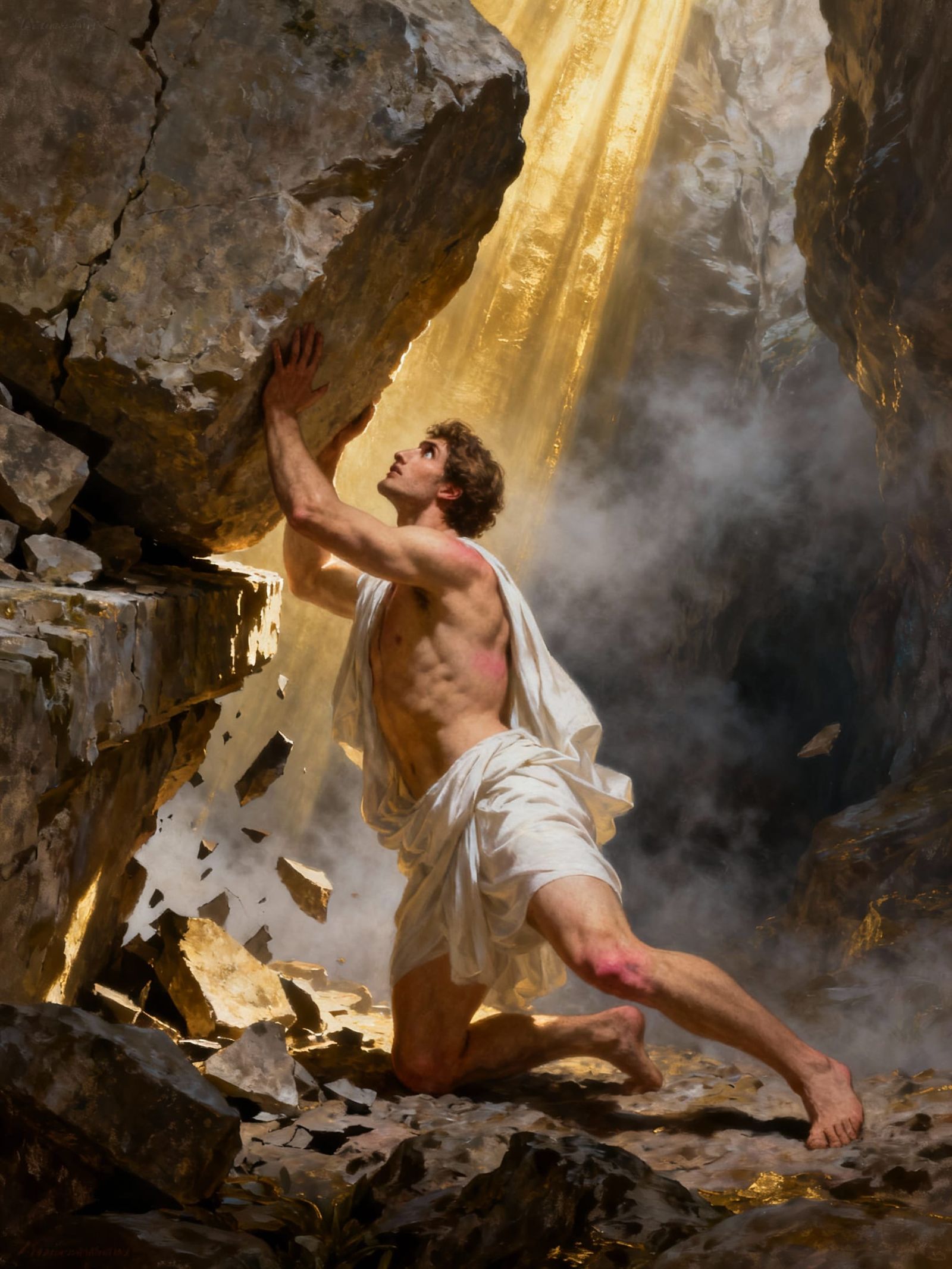 Mythic Hero Supports Collapsing Stone in Dramatic Digital Pa...