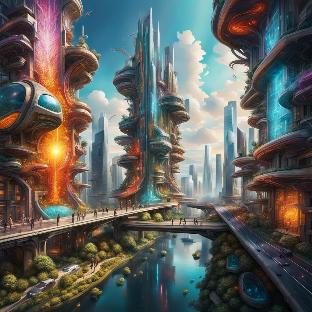 Surreal Futuristic Cityscape Blends Nature and Technology