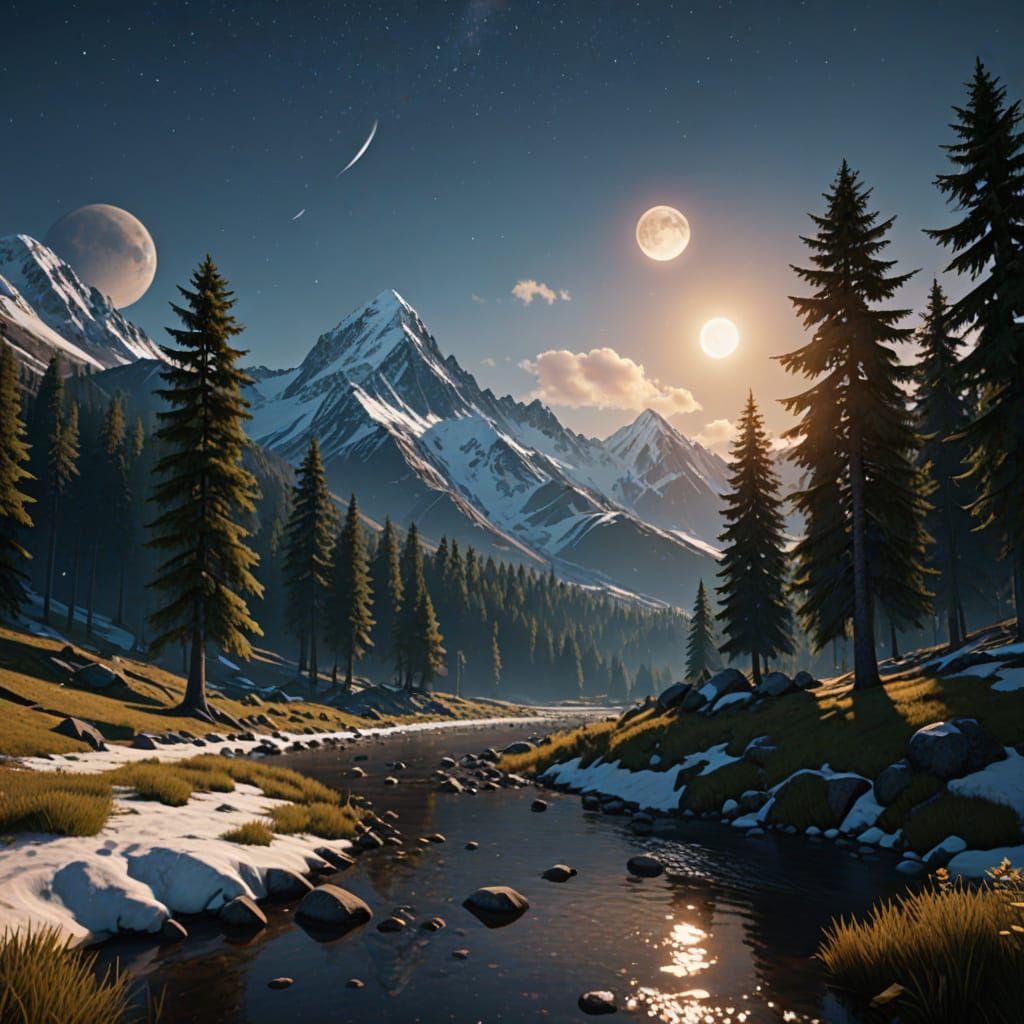 Snowy Mountains at Dusk: Vivid Digital Art
