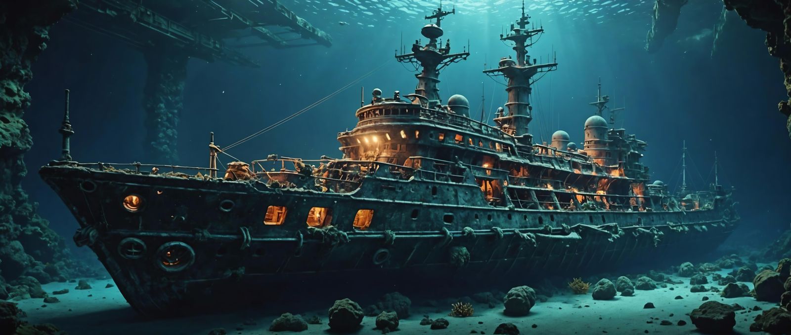 Immersive Futuristic Warship Shipwreck in a Dystopian Abyss