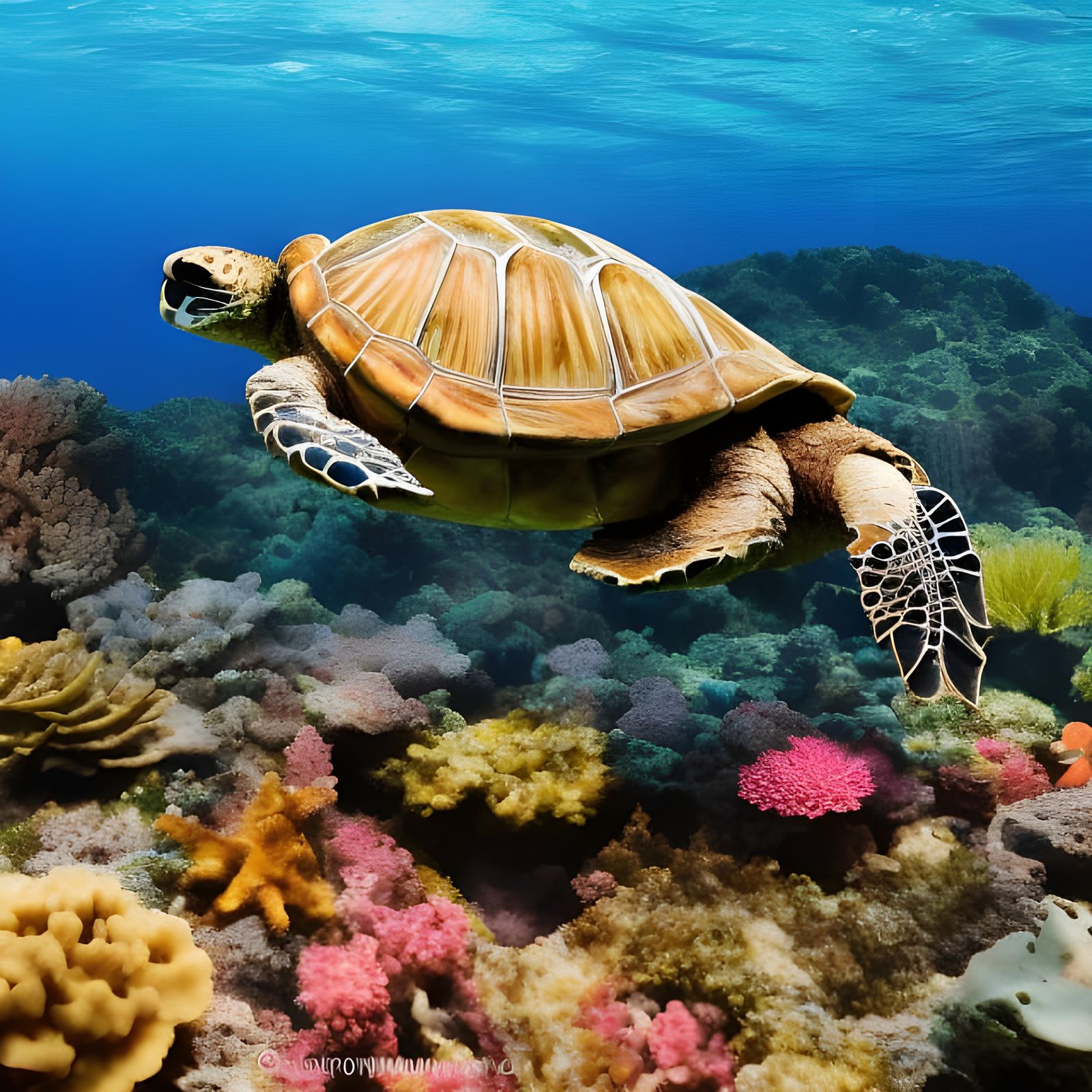 Vibrant Coral Reef Scene with a Majestic Turtle in Crystal C...