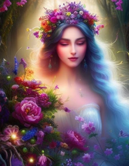 Ethereal Fairy Princess Surrounded by Whimsical Forest Bloom...