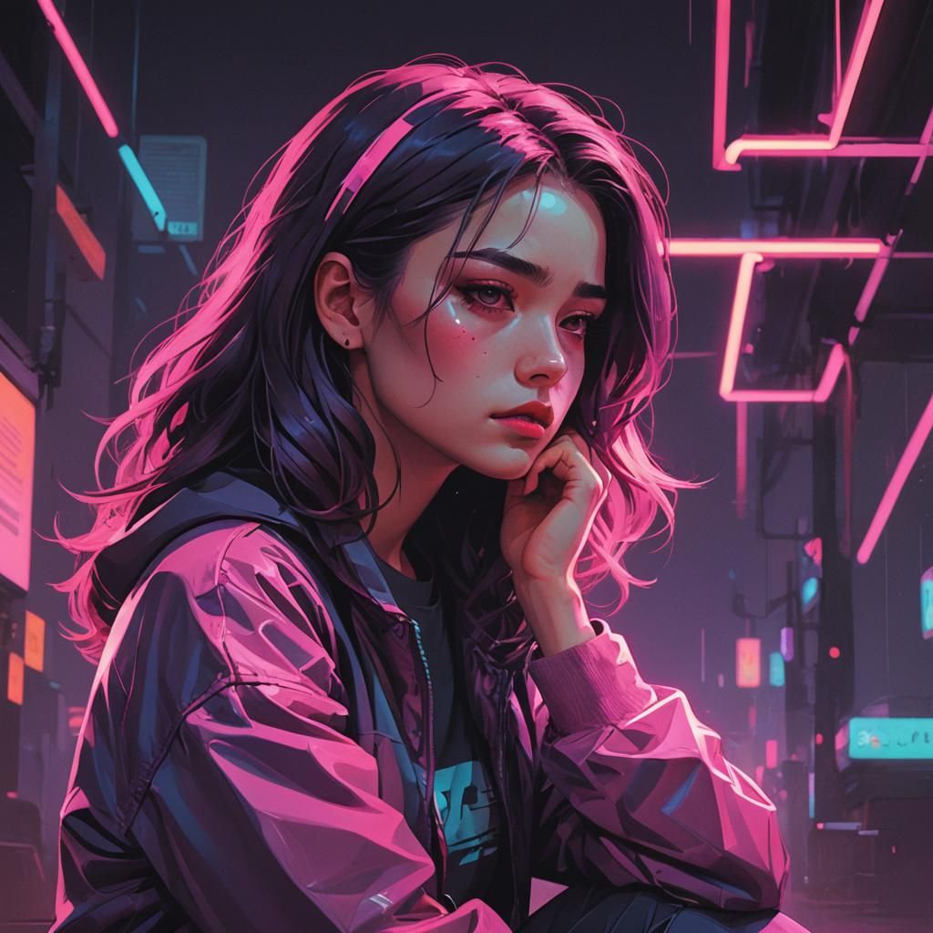 Girl Lost in Despairing Neon Landscape