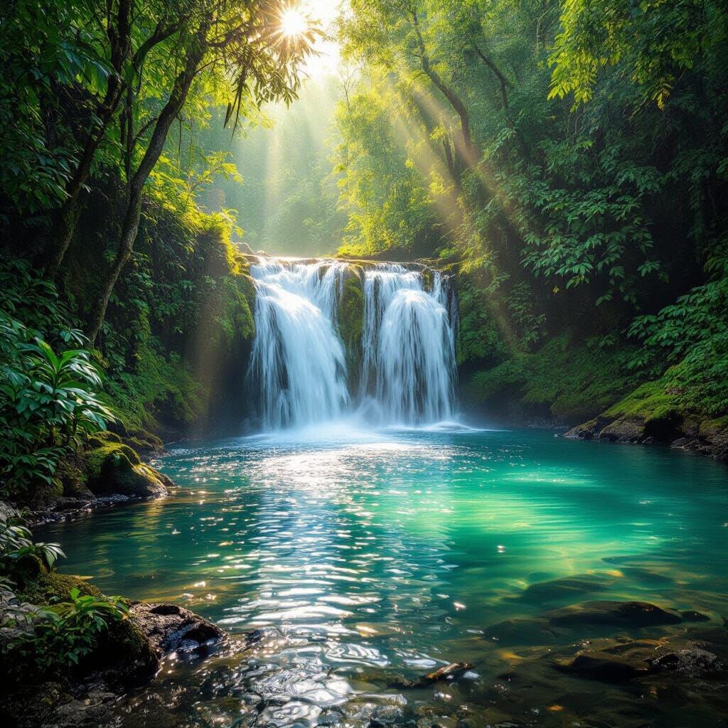 Lush Rainforest Waterfall in Golden Hour Light