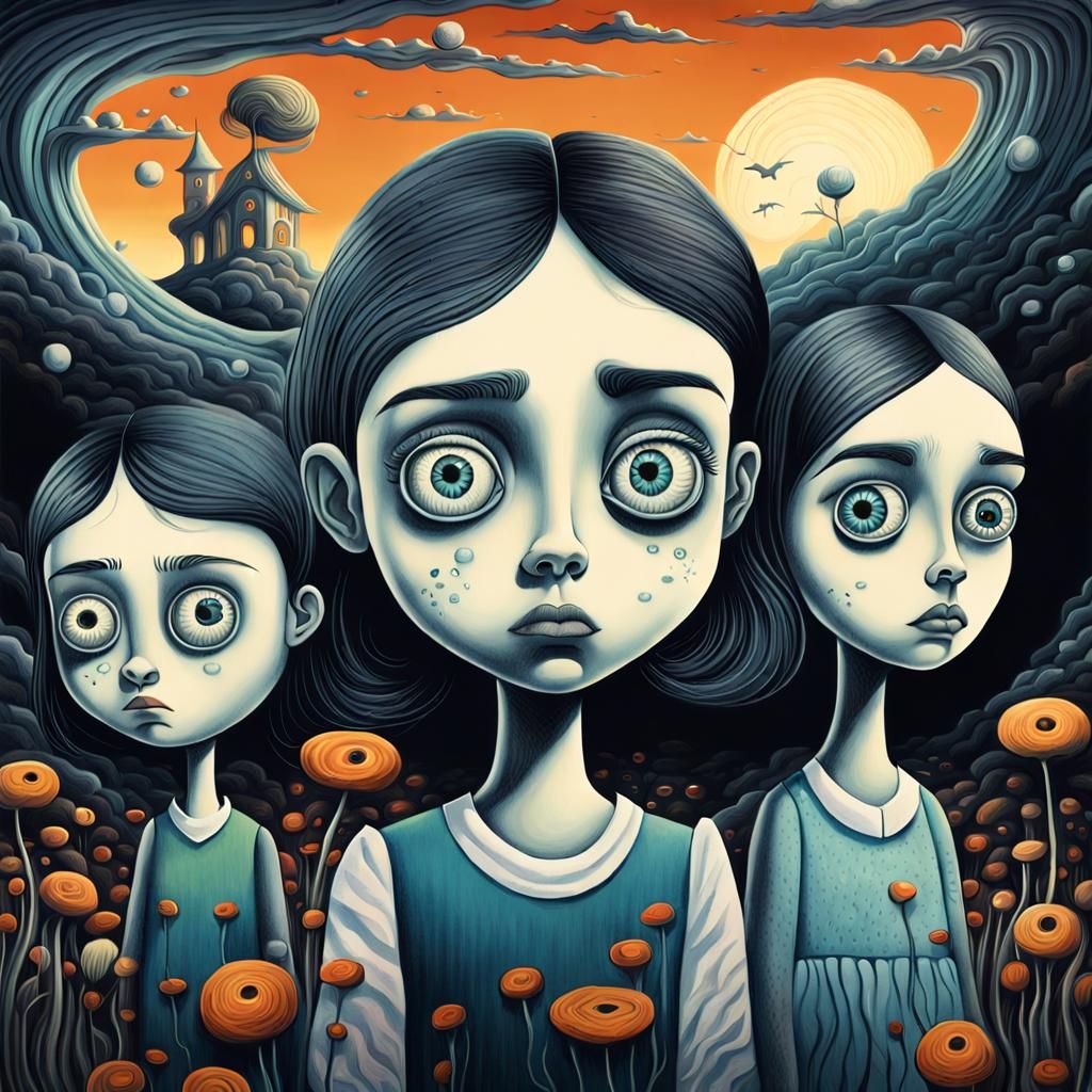 Surreal Girls in Whimsical, Dark Fantasy Landscape with Tria...