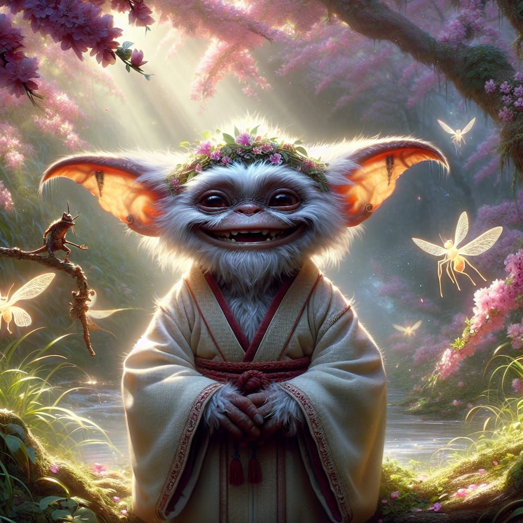 Mysterious Gremlin Monk in Cherry Blossom Landscape