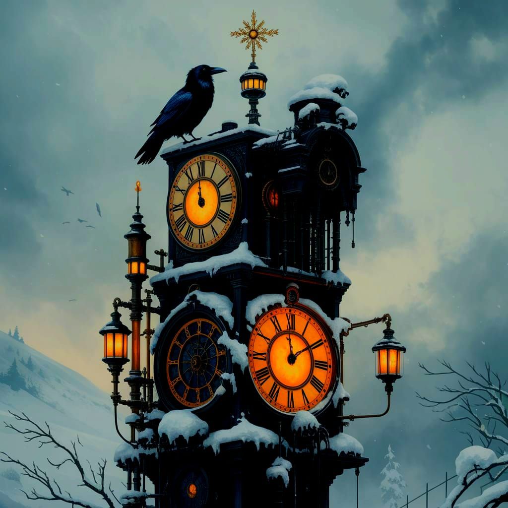 Steampunk Clock Tower Raven in Watercolor Artistry