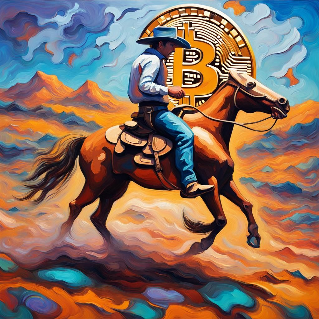 Galloping Cowboy in a Cyberpunk Bitcoin Landscape