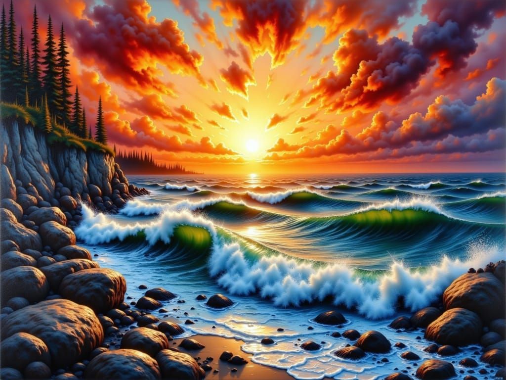Majestic Sunset Seascape as Airbrushed Oil Painting