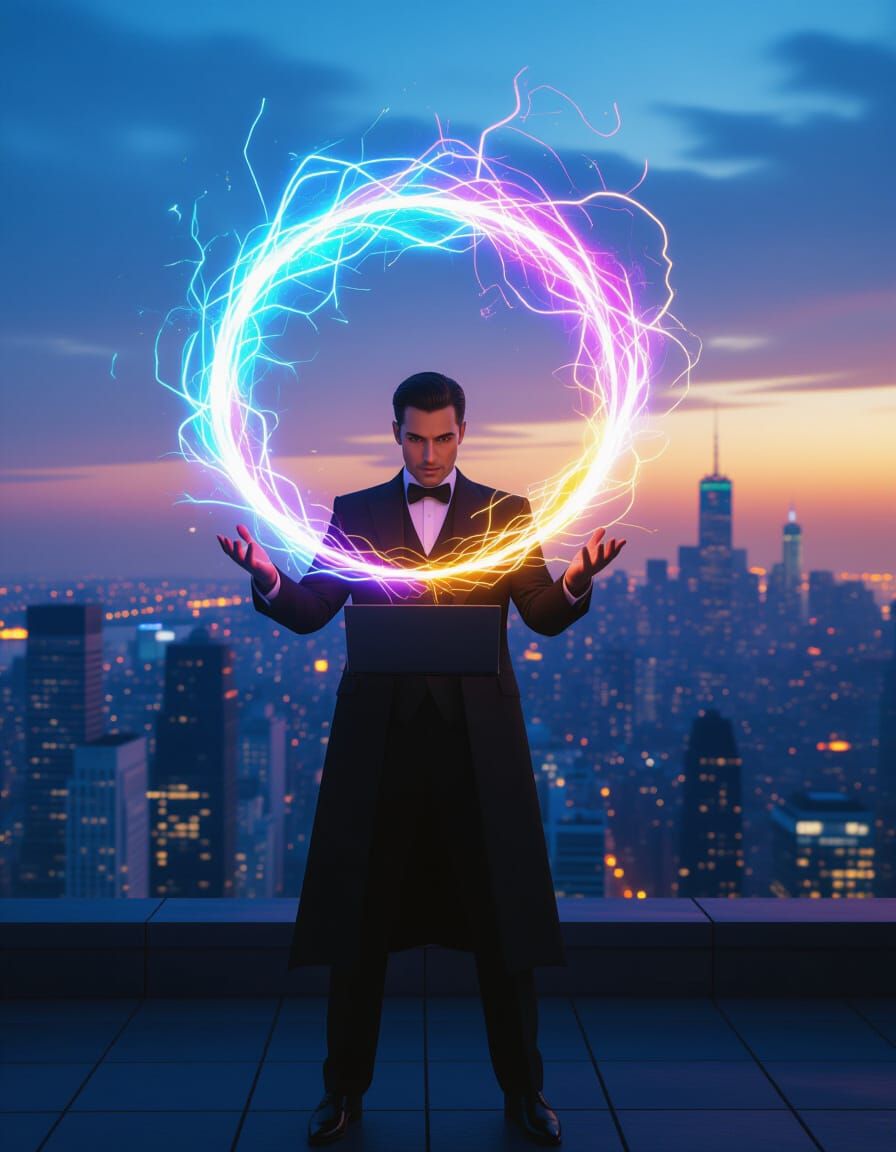 Magician Casting Neon Spell Over Laptop on City Rooftop