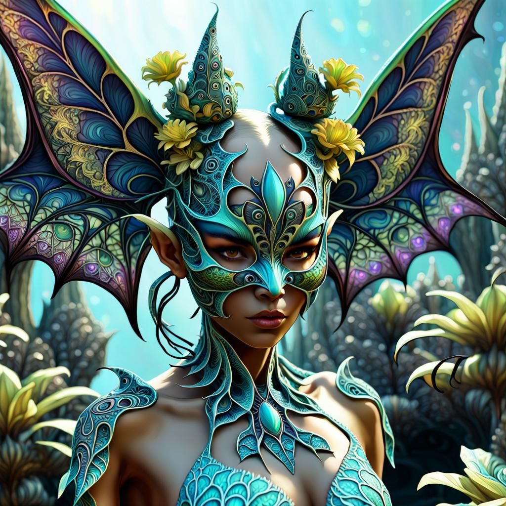 Nymph in Fractal Flower Crown Beside Alien Youth at Sunset o...