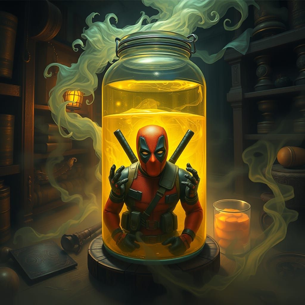 Deadpool in Radiant Yellow Water with Whimsical Fog