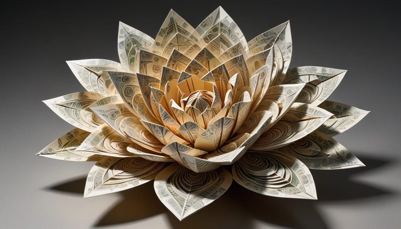 Origami Flower Sculpture with Shimmering Currency
