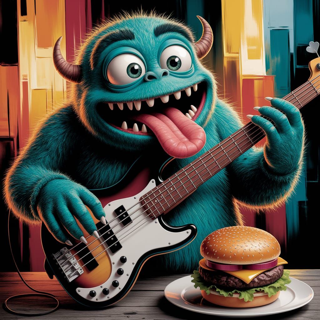 Turquoise Monster Plays Bass: Impasto Gouache Painting