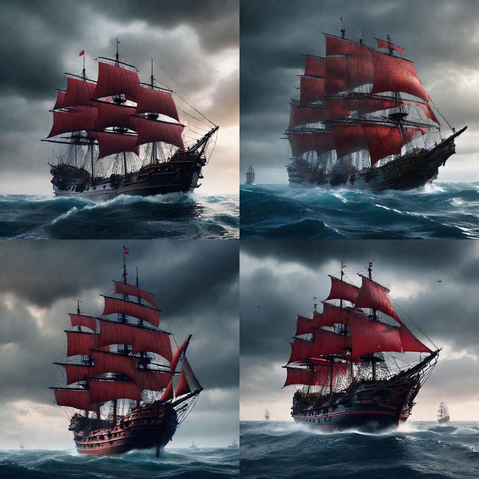 Fantastical Red-Sailed Galleon Battles through Stormy Seas