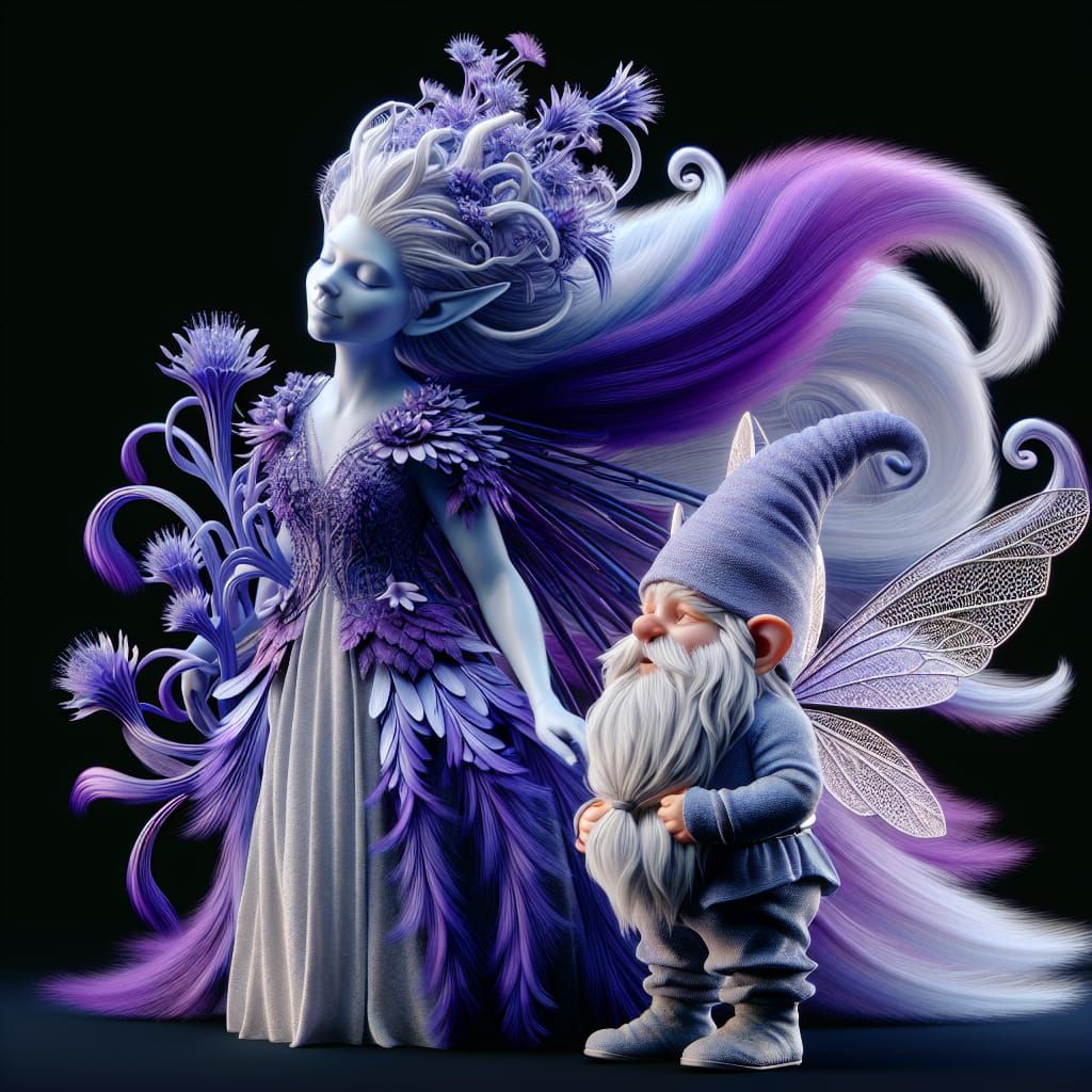 Fairy and Gnome Share Heartfelt Moment in Purple Hued Landsc...