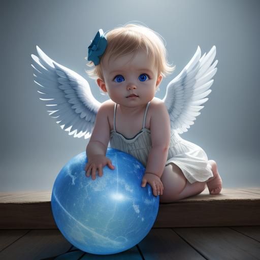 Australian Cherub Baby with Angel Wings in Vivid Blue Eyes
