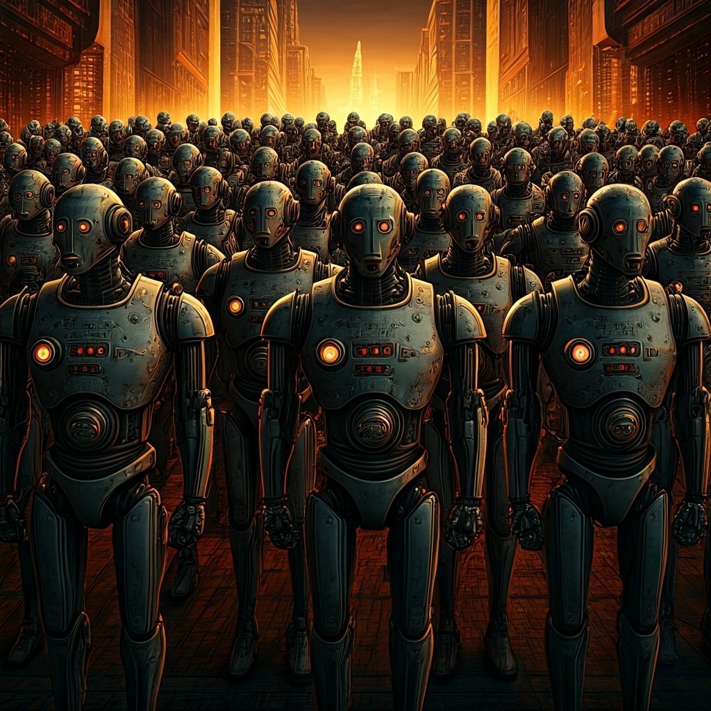 Futuristic Robot Gathering in Cyberpunk Style