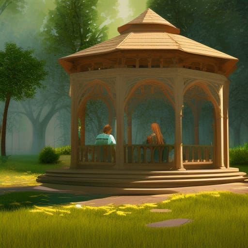 Whimsical Church Courtyard Scene in Oil Painting Style