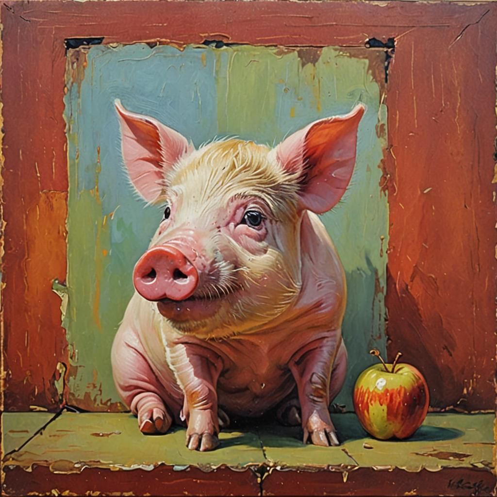 Vibrant Pig in Vivid Colors Eats Apple in a Colorful Border